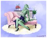  anthro breasts chaise_lounge circumjacentity clothing colored_nails female flat_background flower footwear green_body green_skin high_heels komodo_dragon lizard looking_at_viewer monitor_lizard nails plant pose reptile rug scalie shoes sitting solo tongue 