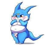  2019 anthro balls belly blue_body blush digimon digimon_(species) hi_res kusosensei male moobs navel nipples overweight overweight_male penis simple_background solo veemon white_background white_body 