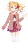  1girl :d aikatsu!_(series) aikatsu_stars! blonde_hair bow brown_eyes brown_jacket collarbone hair_bow hand_up jacket k_mugura long_sleeves neck_ribbon nijino_yume open_clothes open_jacket open_mouth plaid plaid_skirt pleated_skirt red_bow red_ribbon red_skirt ribbon shirt simple_background skirt sleeves_past_wrists smile solo thigh_gap thighhighs twintails white_background white_legwear white_shirt 