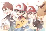  1girl 2boys ayumi_(pokemon) backpack bag baseball_cap black_eyes black_hair black_shirt brown_eyes brown_hair closed_eyes cubone eevee hat highres jacket kakeru_(pokemon) long_hair multiple_boys pikachu poke_ball poke_ball_(generic) pokemon pokemon_(game) pokemon_lgpe ponytail shin_(pokemon) shirt short_hair short_sleeves smile turtleneck 