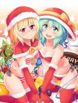 2girls :d alternate_costume bangs bikini blonde_hair blue_eyes blue_hair blush bow breasts capelet cleavage closed_mouth elbow_gloves eyebrows_visible_through_hair flandre_scarlet gloves hand_on_another&#039;s_hip hat hat_bow heart heart-shaped_pupils kneeling komeiji_koishi looking_at_viewer multiple_girls nagomian nose_blush open_mouth purple_eyes red_bikini red_gloves red_headwear red_legwear santa_hat side-tie_bikini small_breasts smile star striped striped_bikini swimsuit symbol-shaped_pupils thighhighs third_eye touhou yellow_bow 