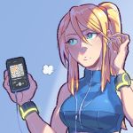  1girl blonde_hair blue_background cellphone earphones green_eyes highres long_hair looking_up metroid mole mole_under_mouth paramore phone pink_pupils pockypalooza ponytail samus_aran sidelocks simple_background smartphone solo super_smash_bros. upper_body zero_suit 