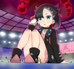  1girl ? black_hair blue_eyes choker convenient_leg dress dynamax earrings giantess jacket jewelry mary_(pokemon) morpeko poke_ball poke_ball_(generic) pokemon pokemon_(game) pokemon_swsh siragagaga sitting stadium 