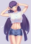  1girl abs absurdres bangs blue_eyes blue_shorts blunt_bangs blush breasts closed_mouth covered_nipples crop_top denim denim_shorts earrings fate/grand_order fate_(series) hair_ribbon hands_up highres jewelry large_breasts long_hair looking_at_viewer midriff navel nozomi_(pixiv146683) one_eye_closed purple_hair ribbon saint_martha shirt short_shorts shorts simple_background smile solo straight_hair t-shirt thighs tongue tongue_out very_long_hair wet wet_clothes white_ribbon white_shirt 