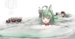  1girl ahoge akashi_(azur_lane) animal_ears artist_name azur_lane bangs bath bathing bell bell_choker black_bow bow braided_ponytail cat_ears choker commentary english_commentary eyebrows_visible_through_hair fang green_hair hair_bow highres jar kreuzer_00 long_hair long_ponytail mole mole_under_eye onsen open_mouth ribbon_choker signature solo submerged yellow_eyes 