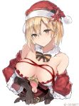  1girl bare_shoulders belt black_gloves blonde_hair blush breasts brown_eyes center_opening christmas djeeta_(granblue_fantasy) frills gloves granblue_fantasy hair_between_eyes hairband large_breasts looking_at_viewer navel red_headwear red_ribbon ribbon santa_costume saya_hi10_(saya) short_hair simple_background solo upper_body white_background 