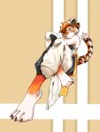  4_toes anthro arknights barefoot black_body black_fur clothed clothing colasu cute_fangs felid female fur hi_res looking_at_viewer mammal multi_colored_fur orange_body orange_fur pantherine solo tiger toes video_games waaifu white_body white_fur 