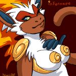  1:1 anthro blue_eyes breassts digital_media_(artwork) female fire infernape kittiara looking_at_viewer low_res nintendo oekaki one_eye_closed pok&eacute;mon pok&eacute;mon_(species) red_background signature simple_background smile solo video_games wink 