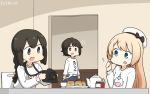  3girls alternate_costume black_eyes black_hair blonde_hair blue_eyes blue_pants braid bread brown_eyes brown_hair camera clothes_writing commentary_request cup dated food hair_between_eyes hamu_koutarou hat highres indoors isonami_(kantai_collection) jam jar jervis_(kantai_collection) kantai_collection miyuki_(kantai_collection) multiple_girls pants sailor_hat short_hair sidelocks smile sweater teacup teapot track_pants translation_request twin_braids white_headwear white_sweater 