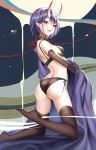  1girl ass back bangs black_bra black_legwear black_panties blush bob_cut bra breasts fate/grand_order fate_(series) highres horns k.k_(pixiv) looking_at_viewer oni oni_horns open_mouth panties purple_eyes purple_hair revealing_clothes short_hair shuten_douji_(fate/grand_order) skin-covered_horns small_breasts smile thighhighs underwear 