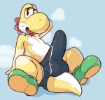  2019 anthro blush bodily_fluids bulge clothing erection footwear looking_at_viewer male mario_bros nintendo open_mouth reptile scales scalie simple_background solo somnamg sweat video_games yellow_body yellow_scales yellow_yoshi yoshi 