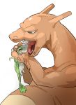  2019 4_fingers ambiguous_gender belly bodily_fluids charizard claws digital_drawing_(artwork) digital_media_(artwork) dragon drooling duo fangs feral fingers green_body green_skin half-closed_eyes hi_res hiore holding_character imminent_vore licking looking_at_another nintendo nude open_mouth oral_vore orange_body orange_skin pok&eacute;mon pok&eacute;mon_(species) saliva saliva_drip side_view simple_background size_difference snivy soft_vore tongue tongue_out video_games vore wet white_background 