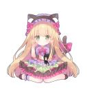  1girl ame_usari animal animal_ear_fluff animal_ears bangs black_cat black_footwear black_hairband blonde_hair blush bow cat cat_ears cat_girl cat_tail chibi closed_mouth collared_shirt commentary_request eyebrows_visible_through_hair fake_animal_ears frilled_shirt_collar frills full_body green_eyes green_skirt hair_bow hairband hand_up highres long_hair original paw_pose pink_bow pleated_skirt puffy_short_sleeves puffy_sleeves purple_shirt shirt shoes short_sleeves simple_background sitting skirt smile solo tail tail_bow tail_raised very_long_hair wariza white_background 