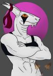  anthro deanwolfwood fangs female hi_res horn invalid_color muscular scalie solo 