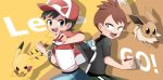  2boys absurdres backpack bag black_eyes black_hair black_shirt brown_eyes brown_hair eevee highres holding holding_poke_ball jacket kakeru_(pokemon) multiple_boys pikachu poke_ball poke_ball_(generic) pokemon pokemon_(game) pokemon_lgpe shin_(pokemon) shirt short_hair short_sleeves smile turtleneck 