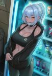  1girl bangs banned_artist bare_shoulders breasts can choker cleavage hair_between_eyes high_ponytail kkamja large_breasts mask mask_removed midriff navel original ponytail silver_hair soda_can sports_bra unzipping vending_machine yellow_eyes 