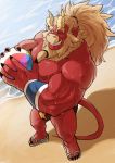  2017 4_fingers 4_toes ball beach beach_ball beard clothing demon eyebrows facial_hair fingers footwear gardie_(otukimi) hair hi_res high-angle_view horn looking_at_viewer male muscular muscular_male nipples one_eye_closed othukimi ponytail red_body red_skin sandals seaside smile solo speedo standing swimwear tan_hair thick_eyebrows toes wet wink 