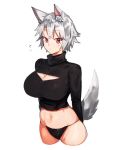  1girl alternate_costume animal_ear_fluff animal_ears bangs black_panties black_shirt breasts cleavage cleavage_cutout commentary cowboy_shot crop_top cropped_legs eyebrows_visible_through_hair inubashiri_momiji kasuka_(kusuki) large_breasts long_sleeves looking_at_viewer midriff navel no_pants panties red_eyes shirt short_hair silver_hair simple_background solo standing stomach tail touhou turtleneck underwear white_background wolf_ears wolf_tail 