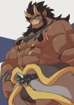  2019 beard big_muscles black_hair bracelet brown_body brown_skin bulge demon eyebrows facial_hair grin hair hi_res horn infel_(otukimi) jewelry looking_at_viewer low-angle_view male muscular muscular_male necklace nipples othukimi pink_nipples smile solo standing thick_eyebrows yellow_horn 