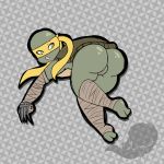  1:1 anthro anus bald bald_female bandanna butt butt_focus claw_(weapon) clothing female hi_res jennika_(tmnt) kat-astrophiic licking looking_at_viewer looking_back mask ninja nude pussy reptile scalie shell simple_background solo teenage_mutant_ninja_turtles toes tongue tongue_out turtle warrior weapon 