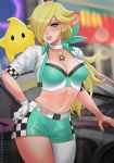  1girl artist_name blonde_hair blue_eyes blurry blurry_background blush breasts choker cleavage collarbone commentary crown dated earrings gloves green_nails green_shorts hair_over_one_eye highres jewelry large_breasts lips long_hair looking_at_viewer mario_(series) mario_kart_tour navel necklace outdoors parted_lips rosalina sciamano240 shorts signature smile solo star star_earrings super_mario_galaxy white_choker white_gloves 