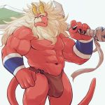  1:1 2018 beard big_bulge big_muscles bulge clothing demon eyebrows facial_hair gardie_(otukimi) hair hi_res horn male melee_weapon muscular muscular_male nipples othukimi penis penis_base penis_outline pink_nipples red_body red_skin simple_background solo standing sword tan_hair thick_eyebrows underwear weapon white_background white_eyes yellow_horn 