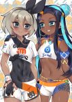  2girls abs absurdres barefoot belly_chain black_hair blue_eyes blue_hair bodysuit bodysuit_under_clothes breasts chipsy_kura_chan commentary covered_navel dark_skin earrings gloves grey_eyes grey_hair gym_leader hair_between_eyes hair_bun hairband highres hoop_earrings jewelry long_hair looking_at_viewer multicolored_hair multiple_girls navel necklace pokemon pokemon_(game) pokemon_swsh rurina_(pokemon) saitou_(pokemon) shirt short_hair short_sleeves shorts single_glove smile swimsuit tan two-tone_hair white_shirt wristband 