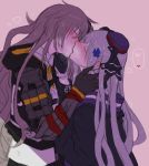  2girls aoi_(aoisaka) blush character_name closed_eyes eyebrows_visible_through_hair girls_frontline gloves hk416_(girls_frontline) holding_another&#039;s_head hood hooded_jacket iron_cross jacket kiss mod3_(girls_frontline) multiple_girls prosthesis prosthetic_arm speech_bubble sweat ump45_(girls_frontline) yuri 