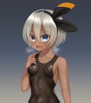  1girl bangs blue_eyes bodysuit breasts collarbone covered_navel covered_nipples dark_skin eyebrows_visible_through_hair gradient gradient_background grey_background grey_hair hair_between_eyes hairband hand_on_own_chest heavy_breathing highres kokkoasa looking_at_viewer nipples open_mouth pokemon pokemon_(game) pokemon_swsh saitou_(pokemon) see-through short_hair small_breasts solo sweat 