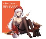  1girl aran_sweater arm_support azur_lane belfast_(azur_lane) belfast_(shopping_with_the_head_maid)_(azur_lane) beret blush boots breasts brown_sweater character_name choker cleavage collarbone earrings food footwear_removed full_body hat highres holding holding_food hoop_earrings jewelry large_breasts long_hair looking_at_viewer off-shoulder_sweater off_shoulder panties panties_under_pantyhose pantyhose pocky purple_eyes silver_hair sitting skirt smile solo sweater thighband_pantyhose underwear vococo white_panties 