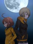  2girls ahoge back-to-back bike_shorts black_hoodie breasts brown_eyes brown_hair chitose_(under_night_in-birth) chizzy denim denim_shorts hands_in_pockets height_difference hood hoodie huge_ahoge linne looking_at_viewer moon multiple_girls night purple_eyes short_hair shorts small_breasts under_night_in-birth yellow_hoodie 