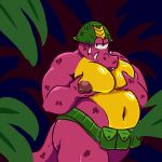  1:1 alfa_quinto_(artist) areola armor belly belt breast_fondling breast_grab breasts clothed clothing donkey_kong_(series) fangs fondling hand_on_breast headgear helmet jungle klump kremling leaf male moobs navel nintendo overweight overweight_male pink_body pink_scales scales scalie seductive skimpy slightly_chubby solo teeth topless video_games 