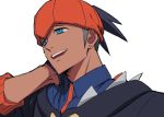  1boy black_hair blue_eyes dark_skin dark_skinned_male fang gym_leader hairlocs hat kibana_(pokemon) male_focus open_mouth orange_headwear pokemon pokemon_(game) pokemon_swsh simple_background smile solo yoko.u 