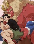  2019 beard big_muscles black_hair blush bottomwear butt butt_grab clothing demon eyebrows facial_hair gardie_(otukimi) gay_couple hair hand_on_butt horn human kohei_(otukimi) light_skin male mammal muscular muscular_male nipples othukimi pink_nipples red_body red_skin scar shirt shorts size_difference t-shirt tan_hair thick_eyebrows tight_clothing topwear veiny_muscles yellow_horn 