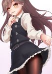  1girl absurdres arashio_(kantai_collection) belt black_legwear blush brown_eyes brown_hair buttons collared_shirt cowboy_shot dress eyebrows_visible_through_hair feet_out_of_frame finger_to_mouth frilled_dress frills from_below gradient gradient_background hair_between_eyes highres kantai_collection lips long_hair long_sleeves looking_at_viewer makura_(user_jpmm5733) pantyhose pinafore_dress pink_background pleated_dress remodel_(kantai_collection) shirt skirt_hold sleeveless sleeveless_dress smile solo standing white_shirt 
