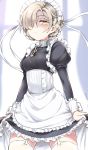  1girl absurdres apron azur_lane bangs black_dress blush breasts chain closed_mouth collarbone commentary_request curtains dress eyebrows_visible_through_hair frilled_apron frilled_dress frills garter_straps glint hair_over_one_eye highres juliet_sleeves light_brown_hair long_sleeves looking_at_viewer maid maid_headdress medium_breasts orange_eyes puffy_sleeves ryuki_(ryukisukune) sheffield_(azur_lane) skirt_hold solo thighhighs waist_apron white_apron white_legwear window 