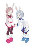  2girls :o ^_^ animal_ears aqua_eyes arms_behind_back blue_hair bob_cut bodysuit_under_clothes boots bunny_ears character_request closed_eyes clothes_grab doraemon doraemon:_nobita_no_getsumentansaki dress full_body hair_over_shoulder leaning_forward long_sleeves low_twintails mabui_(poloon) multiple_girls red_hair sash simple_background smile standing twintails white_background 