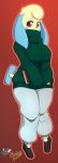  2019 anthro big_breasts black_nose blonde_hair blue_cheeks blue_ears blue_tail book breasts clothed clothing digital_media_(artwork) ears_down eyelashes female footwear fully_clothed gradient_background hair hi_res honky_kat looking_at_viewer minun nintendo outline pivoted_ears pok&eacute;mon pok&eacute;mon_(species) red_background red_eyes shoes simple_background solo standing sweater sweatpants topwear turtleneck video_games 