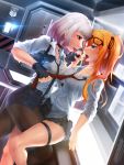  2girls absurdres blue_eyes blush bra choker cleavage_cutout desk eyewear_on_head fingerless_gloves gentiane_(girls_frontline) girls_frontline glasses gloves grifon&amp;kryuger gun handgun highlights highres holding_hands holding_necktie holster holstered_weapon kalina_(girls_frontline) kiss miniskirt multicolored_hair multiple_girls necktie office orange_hair pantyhose purple_hair red_eyes ruffled_skirt side_ponytail skirt teardrop tongue tongue_out underwear unmeinobasho weapon white_hair yuri 