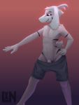  2019 absurd_res anthro asriel_dreemurr bottomwear bovid caprine clothed clothing detailed digital_media_(artwork) goat grin hi_res horn lennoxicon looking_at_viewer male mammal penis shorts smile solo standing tattoo topless undertale video_games 