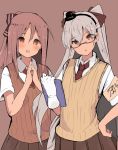  2girls :o alternate_costume amatsukaze_(kantai_collection) armband atsutoku blush brown_background brown_eyes brown_hair brown_skirt collared_shirt eyebrows_visible_through_hair glasses gloves hair_between_eyes hair_ornament hair_ribbon hairband hand_on_hip hands_together highres holding kantai_collection long_hair multiple_girls necktie open_mouth pleated_skirt ponytail red_neckwear ribbon school_uniform shirt short_sleeves silver_hair simple_background single_glove skirt two_side_up vest white_gloves white_shirt zuihou_(kantai_collection) 