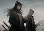  2girls animal_ear_fluff animal_ears arknights bangs bird black_coat black_hair black_scarf blurry blurry_background cigarette coat hair_between_eyes hand_in_pocket holding holding_cigarette huanxiang_heitu lappland_(arknights) long_hair looking_at_viewer looking_to_the_side multiple_girls multiple_swords open_clothes open_coat orange_eyes outdoors scarf shirt sky smoke smoking texas_(arknights) tree upper_body white_hair white_shirt 