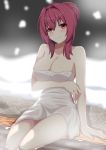  1girl arm_under_breasts bangs bare_arms bare_shoulders blush breast_hold breasts cleavage closed_mouth commentary_request eyebrows_visible_through_hair fate/grand_order fate_(series) hair_between_eyes hair_bun hair_intakes iseshi9167 large_breasts naked_shirt onsen red_eyes red_hair scathach_(fate)_(all) scathach_(fate/grand_order) shirt sidelocks sitting smile solo water wet 