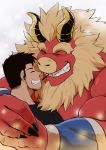  2017 4_fingers beard big_muscles black_hair couple_(disambiguation) demon eyebrows eyes_closed facial_hair fingers food gardie_(otukimi) hair hi_res horn hug human kohei_(otukimi) light_skin male male/male mammal muscular muscular_male othukimi pocky red_body red_skin simple_background size_difference smile tan_hair thick_eyebrows white_background yellow_horn 