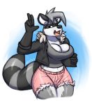  2019 anthro big_breasts black_body black_fur breasts cleavage clothed clothing female fur grey_body grey_fur hi_res jacket looking_at_viewer mammal procyonid raccoon simple_background solo striped_tail stripes topwear white_body white_fur winter_(artist) 