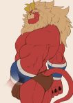  2018 beard big_bulge big_muscles bulge butt demon eyebrows facial_hair gardie_(otukimi) hair hi_res horn looking_at_viewer male muscular muscular_male othukimi penis_outline red_body red_skin simple_background solo standing tan_hair thick_eyebrows white_eyes yellow_horn 