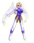  absurdres angel angel_wings blonde_hair blue_eyes bodysuit boots feathered_wings halo highres long_hair magical_girl original photoshop_(medium) skin_tight thigh_boots thighhighs visor wings yakkey 