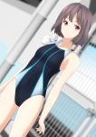  1girl absurdres black_swimsuit blurry breasts brown_hair commentary_request competition_swimsuit cowboy_shot depth_of_field dutch_angle gate highres looking_at_viewer one-piece_swimsuit original parted_lips red_eyes short_hair small_breasts solo swim_cap_removed swimsuit takafumi 