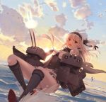  +_+ 2girls absurdres aircraft aircraft_request backlighting bangs black_headband bodysuit breasts cape character_request chou-10cm-hou-chan_(suzutsuki&#039;s) clothes_writing cloud cloudy_sky commentary_request firing grey_cape hachimaki hair_ornament headband highres holding holding_weapon kantai_collection long_hair looking_at_viewer medium_breasts multiple_girls neckerchief ocean one_eye_closed one_side_up outdoors pantyhose pleated_skirt propeller_hair_ornament rigging ryouh.s sailor_collar silver_hair skin_tight skirt sky splashing standing standing_on_liquid sunset suzutsuki_(kantai_collection) sweat tagme torpedo torpedo_tubes turret water water_drop weapon white_bodysuit white_legwear white_neckwear 