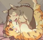  2017 4_toes anthro bed blush brown_body brown_fur canid canine canis claws clothed clothing digital_drawing_(artwork) digital_media_(artwork) duo embrace eyes_closed felid feline french_kissing fur furniture ginnosuke hi_res kissing male male/male mammal multicolored_body multicolored_fur nude on_bed one_eye_closed open_mouth orange_body orange_fur overweight overweight_male pantherine pink_nose relationship signature slightly_chubby striped_body striped_fur stripes teeth tiger toe_claws toes tongue tongue_out topless two_tone_body two_tone_fur wolf 